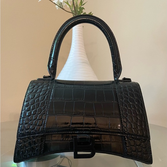 BALENCIAGA HOURGLASS SMALL HANDBAG CROCODILE EMBOSSED IN ALL BLACK - Picture 2 of 14